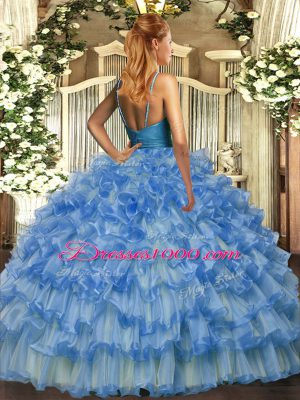 Ball Gowns Quinceanera Dress Blue V-neck Organza Sleeveless Floor Length Backless