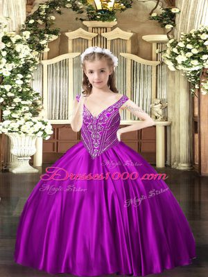 Purple Lace Up Pageant Dress Womens Beading Sleeveless Floor Length