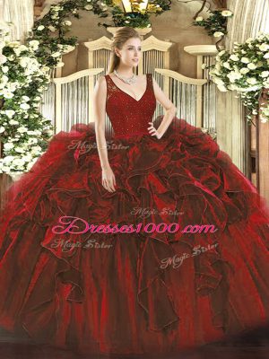 Wine Red Organza Backless Vestidos de Quinceanera Sleeveless Floor Length Beading and Lace and Ruffles