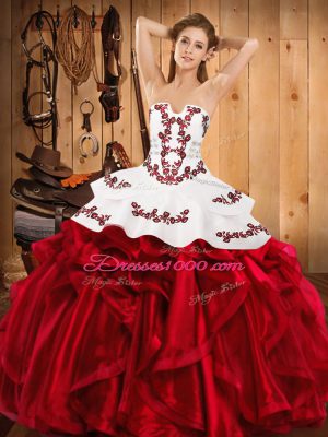 Beautiful Strapless Sleeveless Quinceanera Gown Floor Length Embroidery and Ruffles Wine Red Satin and Organza