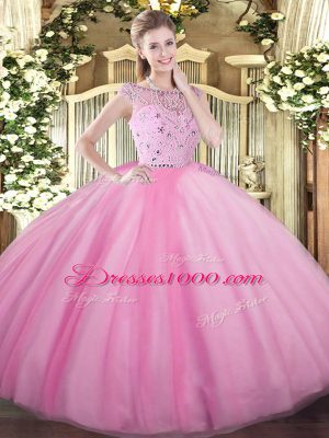 Bateau Sleeveless Sweet 16 Quinceanera Dress Floor Length Beading Rose Pink Tulle