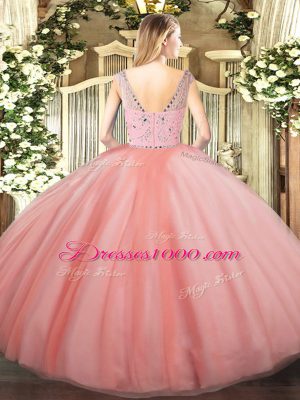 Bateau Sleeveless Sweet 16 Quinceanera Dress Floor Length Beading Rose Pink Tulle