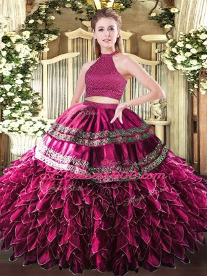 Sleeveless Satin and Organza Floor Length Backless Sweet 16 Dresses in Fuchsia with Embroidery and Ruffles