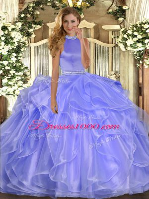 Attractive Lavender Backless Halter Top Beading and Ruffles Ball Gown Prom Dress Organza Sleeveless