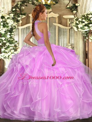 Attractive Lavender Backless Halter Top Beading and Ruffles Ball Gown Prom Dress Organza Sleeveless