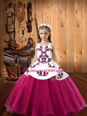 Glorious Fuchsia Custom Made Pageant Dress Sweet 16 and Quinceanera with Embroidery Straps Sleeveless Lace Up