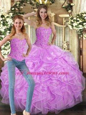 Lilac Ball Gowns Beading and Ruffles Vestidos de Quinceanera Lace Up Tulle Sleeveless Floor Length