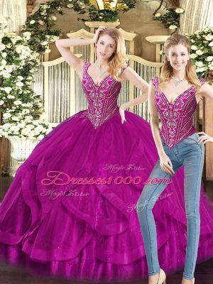 Fantastic Floor Length Fuchsia Sweet 16 Dress V-neck Sleeveless Lace Up
