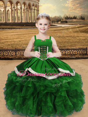 Fancy Green Lace Up Glitz Pageant Dress Beading and Ruffles Sleeveless Floor Length