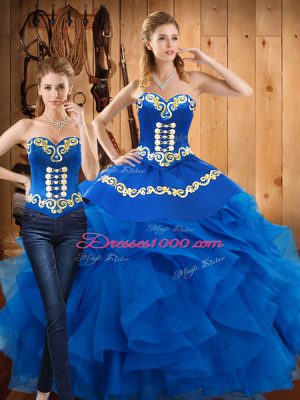 Blue Sweetheart Lace Up Embroidery and Ruffles Quinceanera Gown Sleeveless