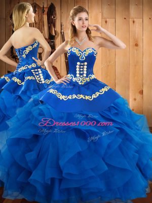 Blue Sweetheart Lace Up Embroidery and Ruffles Quinceanera Gown Sleeveless