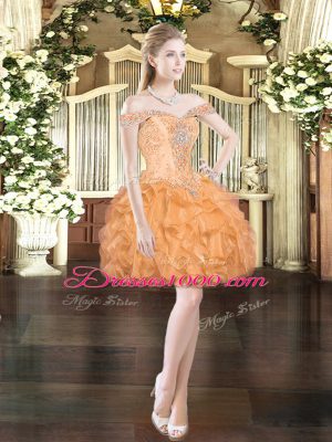 Organza Off The Shoulder Sleeveless Lace Up Beading and Ruffles Evening Dress in Orange Red
