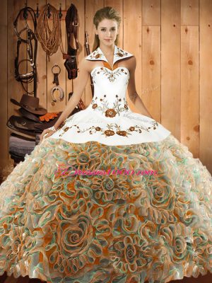 Flare Halter Top Sleeveless 15th Birthday Dress Sweep Train Embroidery Multi-color Fabric With Rolling Flowers