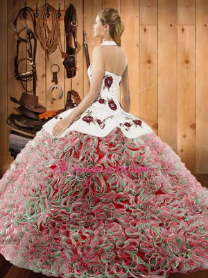 Flare Halter Top Sleeveless 15th Birthday Dress Sweep Train Embroidery Multi-color Fabric With Rolling Flowers