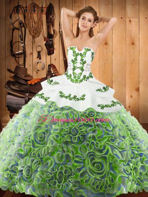 Sweep Train Ball Gowns 15 Quinceanera Dress Multi-color Strapless Satin and Fabric With Rolling Flowers Sleeveless With Train Lace Up