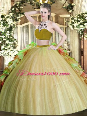 Bateau Sleeveless Backless Ball Gown Prom Dress Olive Green Tulle