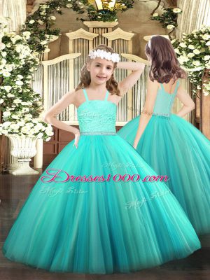 Fashionable Turquoise Ball Gowns Beading and Lace Pageant Dresses Zipper Tulle Sleeveless Floor Length