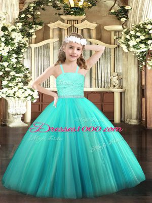 Fashionable Turquoise Ball Gowns Beading and Lace Pageant Dresses Zipper Tulle Sleeveless Floor Length