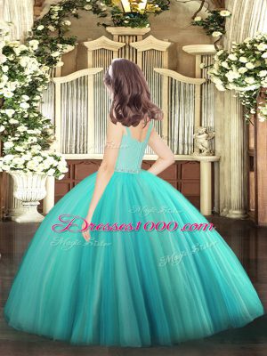 Fashionable Turquoise Ball Gowns Beading and Lace Pageant Dresses Zipper Tulle Sleeveless Floor Length