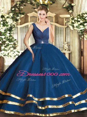 Pretty Floor Length Backless 15 Quinceanera Dress Teal for Sweet 16 and Quinceanera with Beading and Ruffled Layers