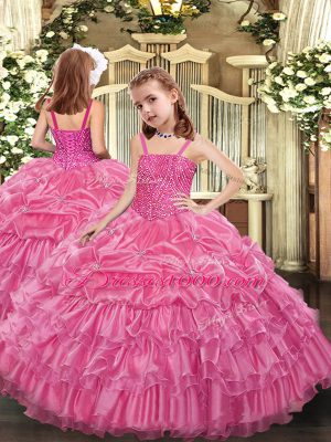 Adorable Rose Pink Organza Lace Up Kids Pageant Dress Sleeveless Floor Length Beading and Ruffled Layers and Pick Ups