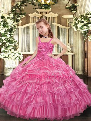 Adorable Rose Pink Organza Lace Up Kids Pageant Dress Sleeveless Floor Length Beading and Ruffled Layers and Pick Ups
