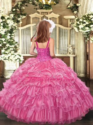 Adorable Rose Pink Organza Lace Up Kids Pageant Dress Sleeveless Floor Length Beading and Ruffled Layers and Pick Ups