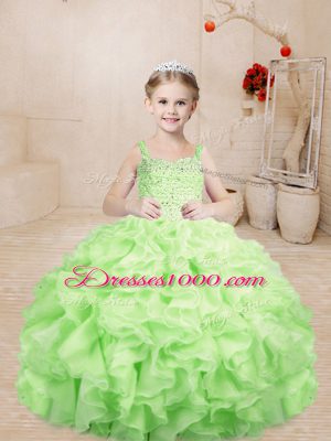 Nice Organza Sleeveless Floor Length Party Dress for Toddlers and Beading and Ruffles