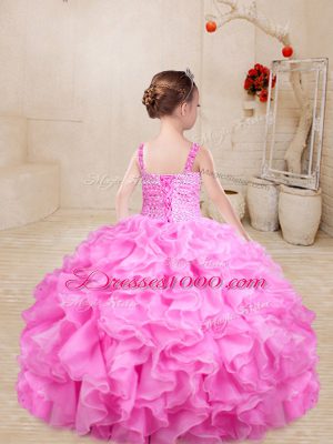 Nice Organza Sleeveless Floor Length Party Dress for Toddlers and Beading and Ruffles