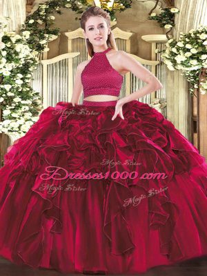 Captivating Fuchsia Ball Gowns Beading and Ruffles Quinceanera Dresses Backless Organza Sleeveless Floor Length