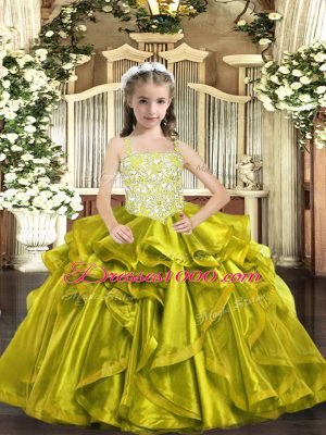 Custom Designed Straps Sleeveless Organza Little Girls Pageant Dress Wholesale Beading and Ruffles Lace Up