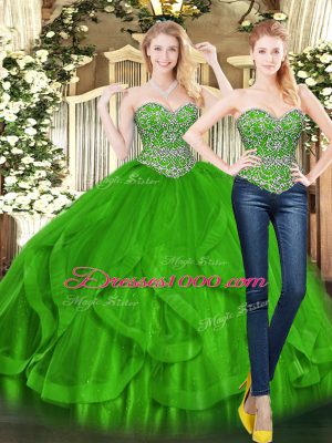 Trendy Green 15 Quinceanera Dress Military Ball and Sweet 16 and Quinceanera with Beading and Ruffles Sweetheart Sleeveless Lace Up