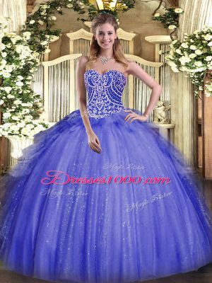 Beautiful Blue Ball Gowns Sweetheart Sleeveless Organza Floor Length Lace Up Beading and Ruffles Quince Ball Gowns
