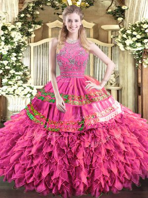 Sleeveless Beading and Ruffles and Sequins Zipper Quince Ball Gowns
