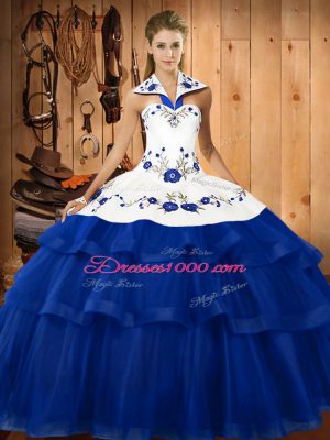 Halter Top Sleeveless Sweep Train Lace Up Sweet 16 Quinceanera Dress Blue Organza