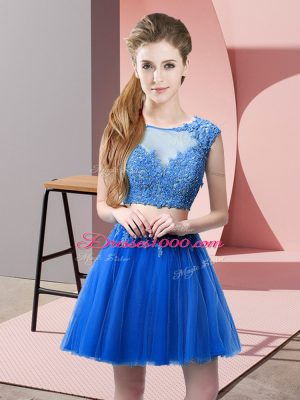 Blue Sleeveless Mini Length Appliques Zipper Prom Dress