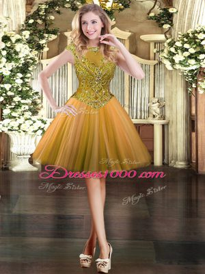 Hot Selling Orange Tulle Zipper Dress for Prom Cap Sleeves Mini Length Beading
