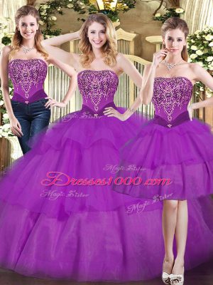 Eggplant Purple Strapless Lace Up Beading and Ruffled Layers Sweet 16 Quinceanera Dress Sleeveless