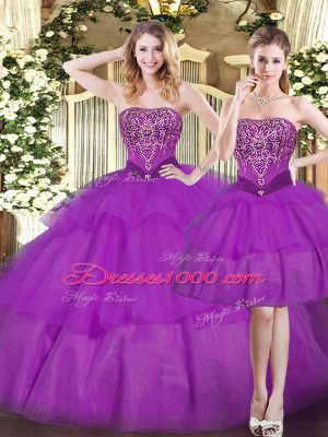 Eggplant Purple Strapless Lace Up Beading and Ruffled Layers Sweet 16 Quinceanera Dress Sleeveless