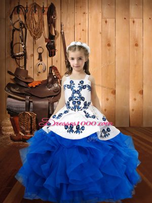 Superior Floor Length Lace Up Pageant Dress for Teens Blue for Party and Quinceanera and Wedding Party with Embroidery and Ruffles