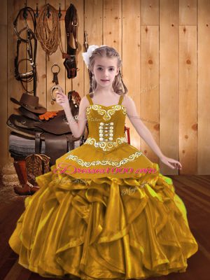 Gold Lace Up V-neck Embroidery and Ruffles Party Dresses Organza Sleeveless