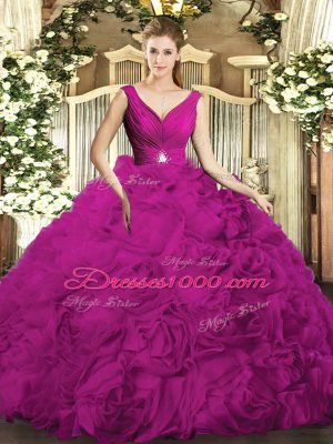 Fuchsia V-neck Neckline Beading and Ruching Quince Ball Gowns Sleeveless Backless