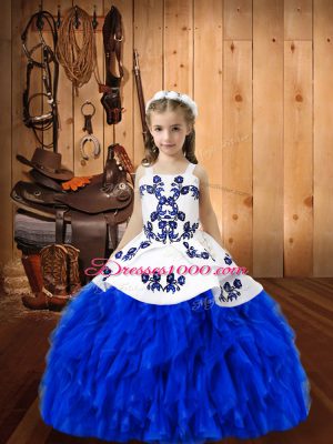 Royal Blue Lace Up Straps Embroidery and Ruffles Womens Party Dresses Organza Sleeveless