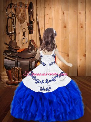 Royal Blue Lace Up Straps Embroidery and Ruffles Womens Party Dresses Organza Sleeveless