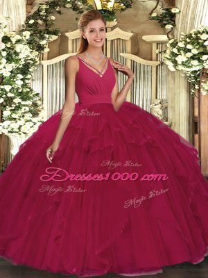 Ball Gowns Sweet 16 Dress Fuchsia V-neck Tulle Sleeveless Floor Length Backless