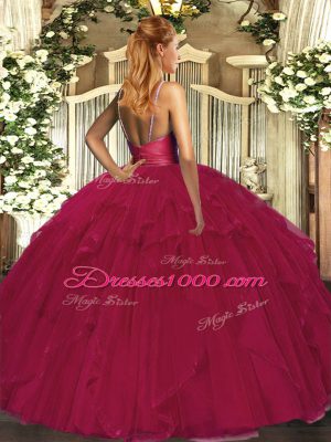 Ball Gowns Sweet 16 Dress Fuchsia V-neck Tulle Sleeveless Floor Length Backless
