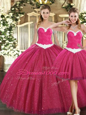 Ball Gowns Sweet 16 Dresses Fuchsia Sweetheart Tulle Sleeveless Floor Length Lace Up