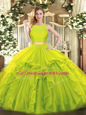 Customized Yellow Green Zipper Scoop Ruffles Quinceanera Gowns Tulle Sleeveless