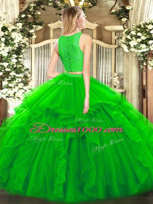 Customized Yellow Green Zipper Scoop Ruffles Quinceanera Gowns Tulle Sleeveless