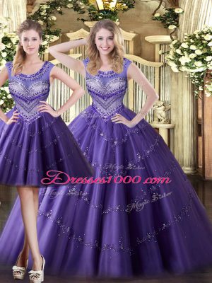 Sweet Purple Sleeveless Tulle Lace Up Quinceanera Gowns for Military Ball and Sweet 16 and Quinceanera